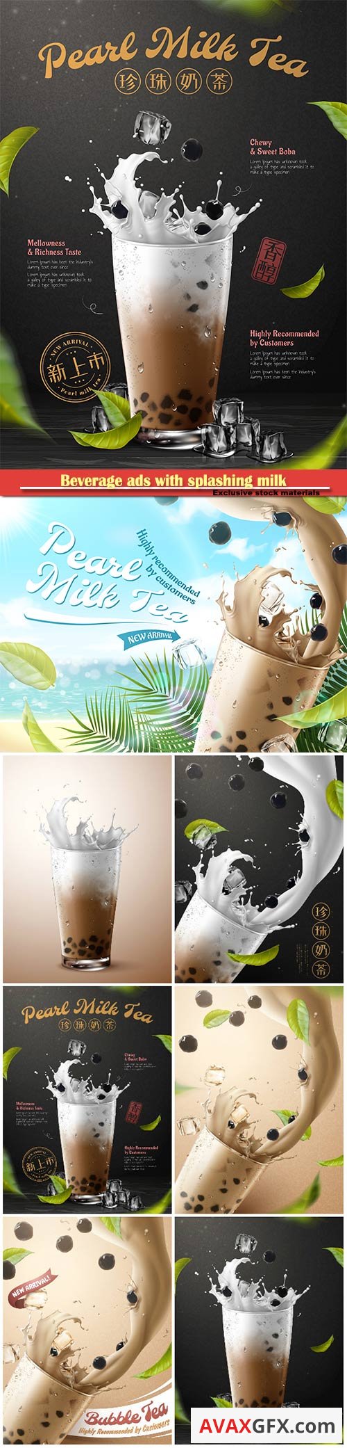 Beverage ads with splashing milk and pearl in 3d vector illustration