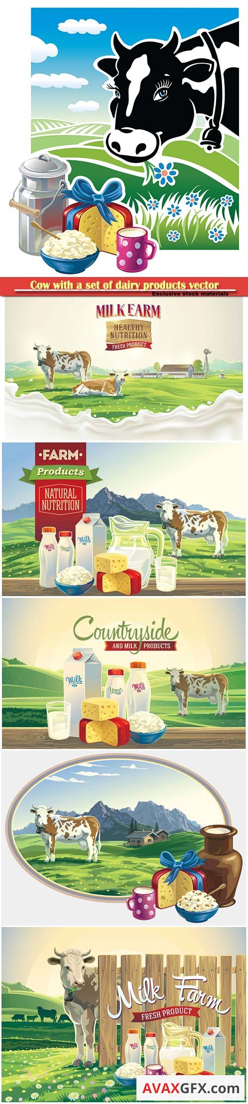 Cow with a set of dairy products vector illustration