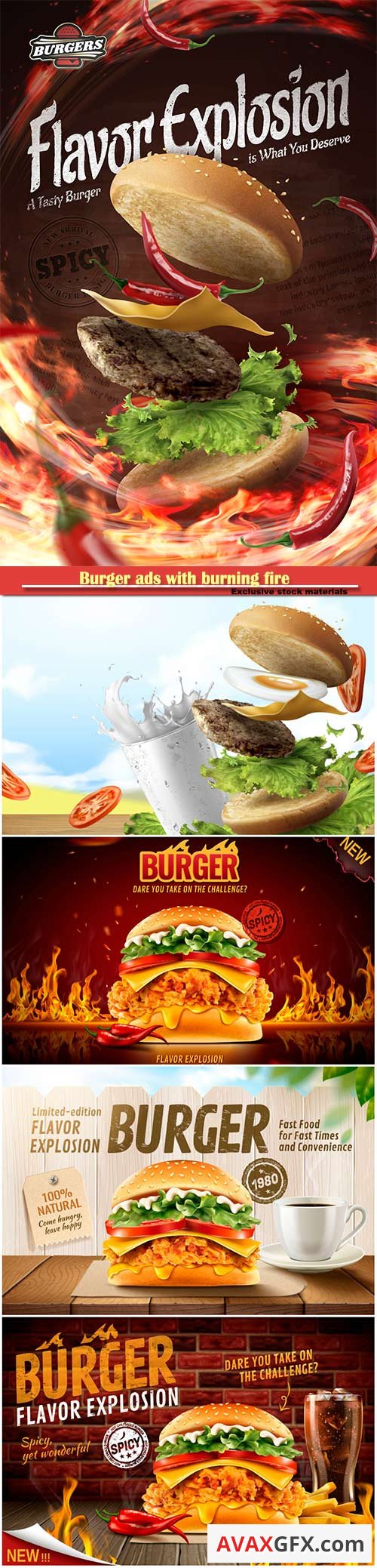 Burger ads with burning fire and set menu in 3d illustration