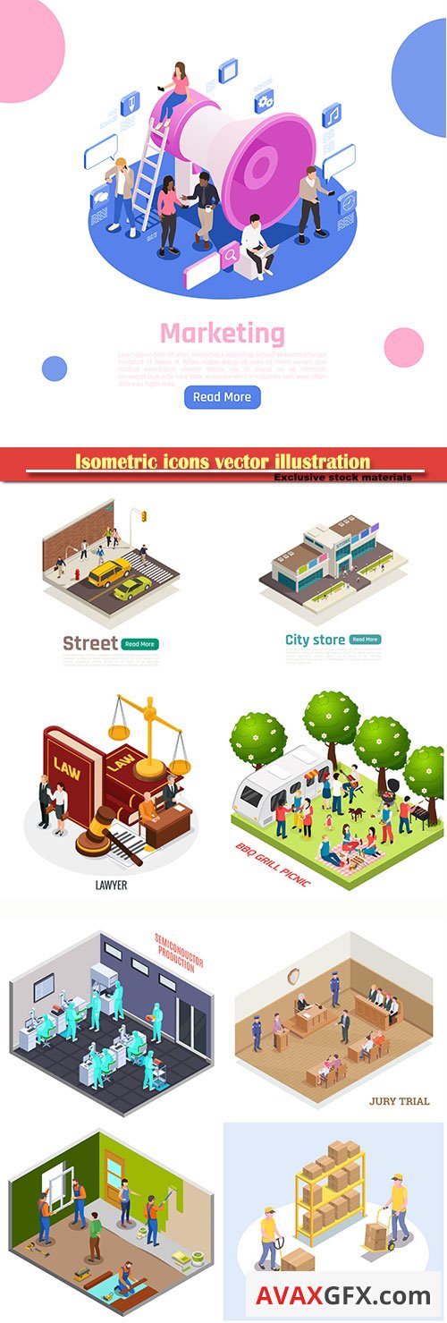 Isometric icons vector illustration, banner design template # 49