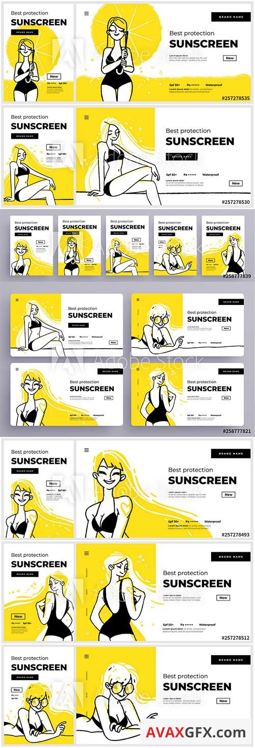 Banner or landing page templates for sunscreen protection sun care cosmetics, happy smiling girls sunbathe