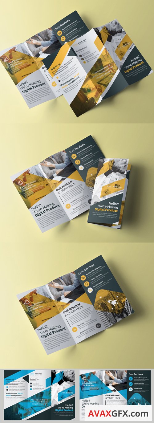 Trifold Brochure Layout with Blue and Yellow Elements 242884143