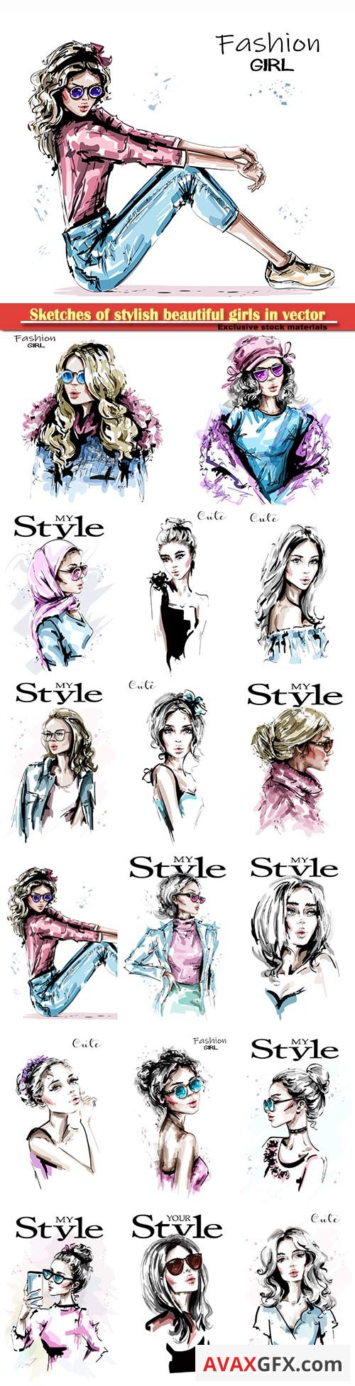 Sketches of stylish beautiful girls in vector