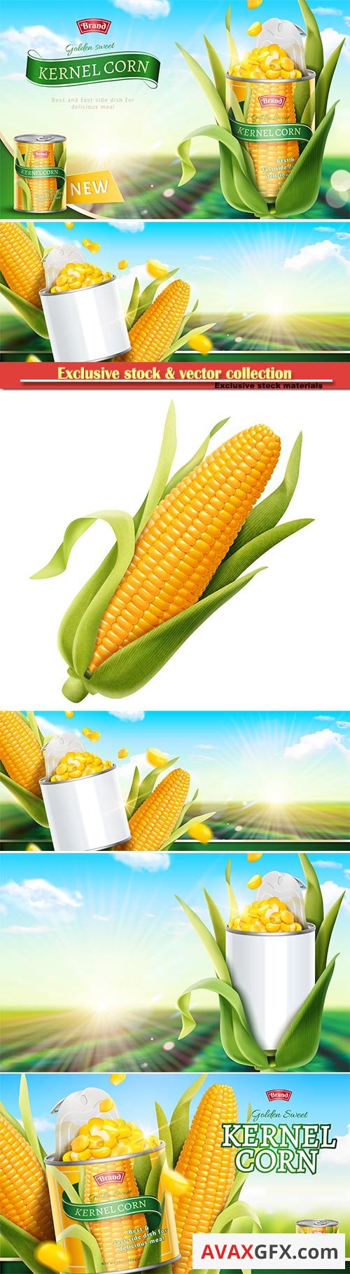 Premium kernel corn can ads in 3d vector illustration