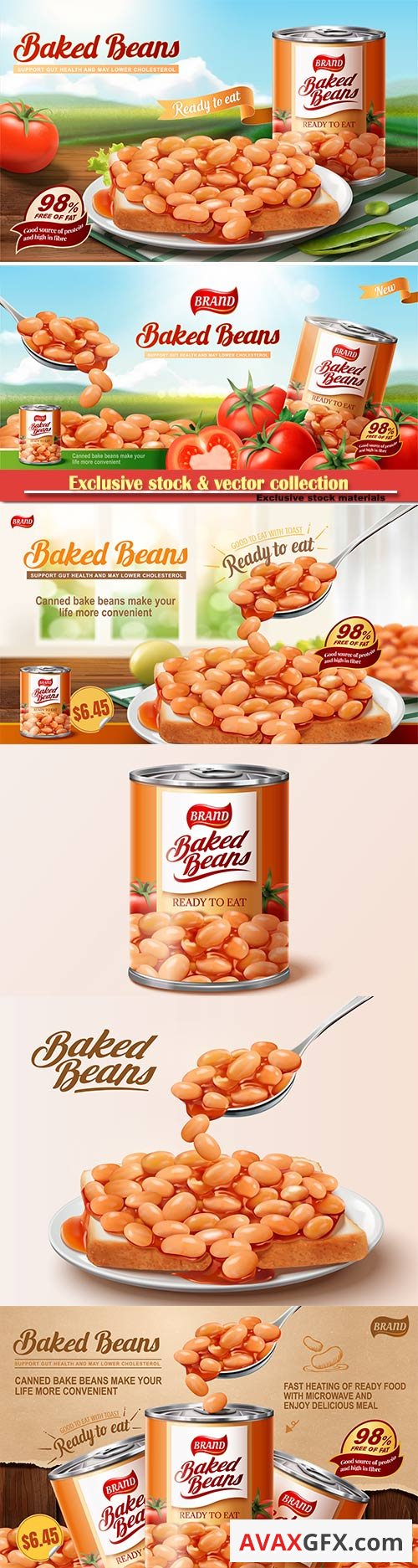 Baked beans ads with delicious beans on toast in 3d vector illustration