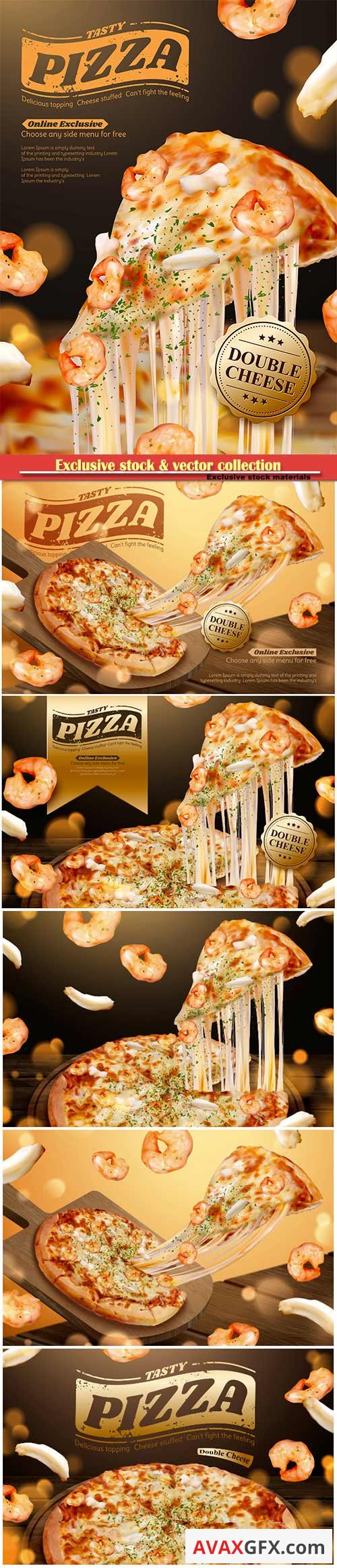 Tasty seafood pizza ads with stringy cheese in 3d illustration, shrimp and squid ring ingredients