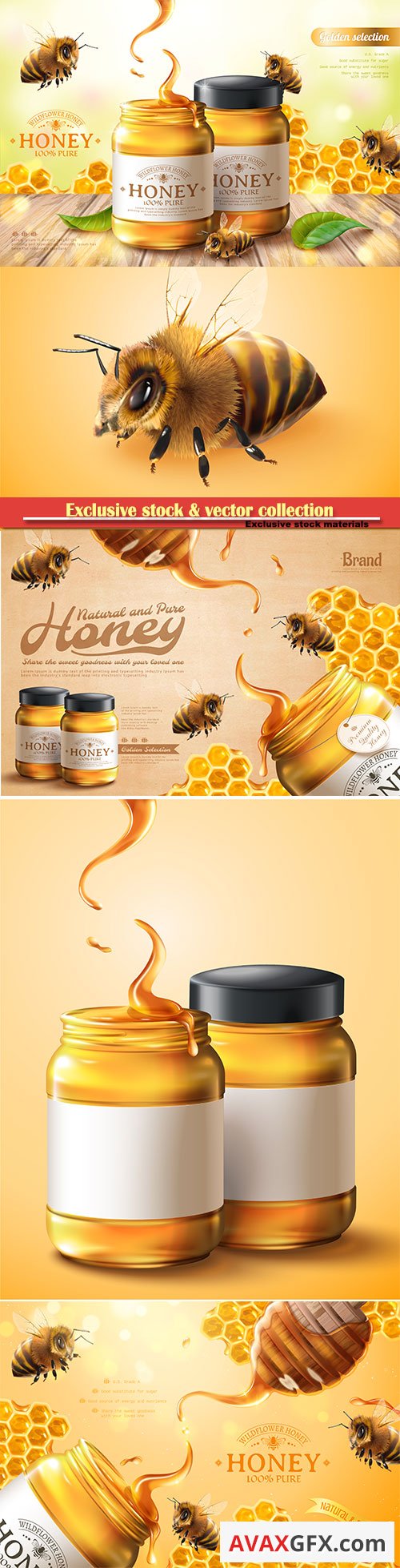 Pure honey ads with bees and honeycomb in 3d vector illustration