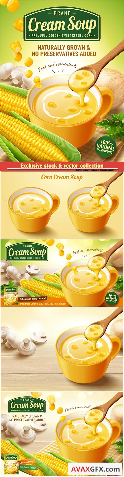 Instant corn cream soup ads with fresh corncob and mushroom in 3d illustration