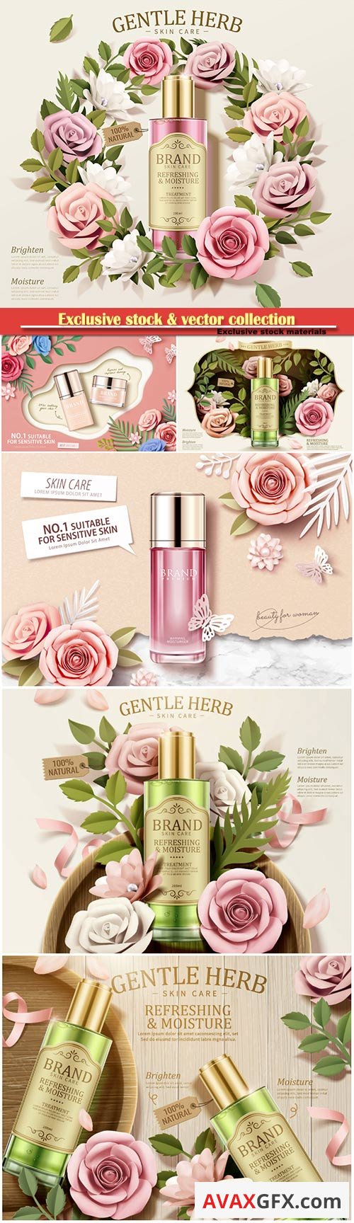 Gentle herb toner ads with paper flowers in 3d illustration, top view