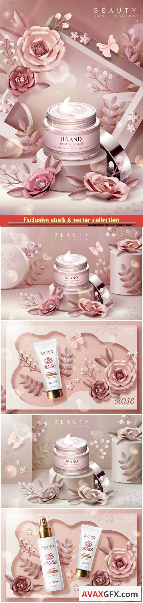 Cream jar ads on podium with paper flowers and frame background in 3d illustration