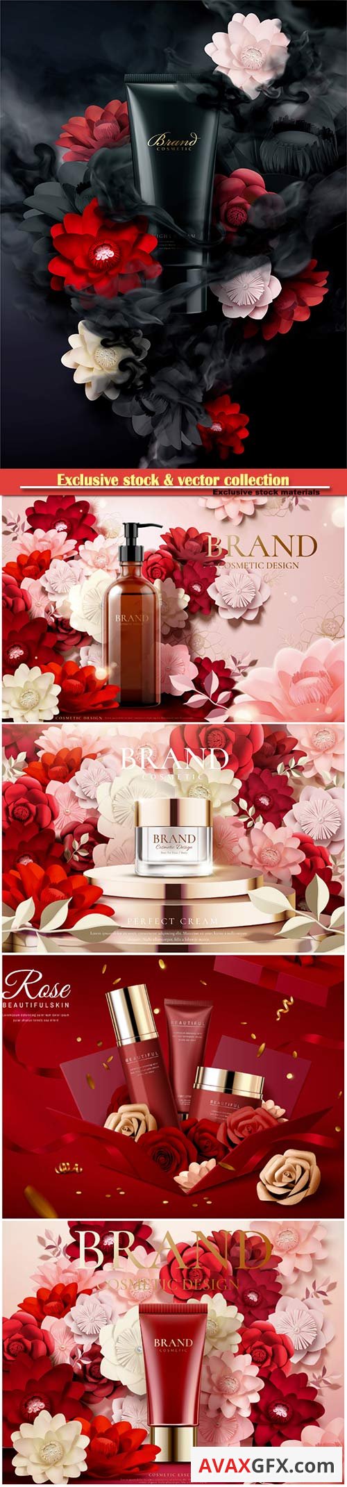 Cosmetic set ads with paper flowers in 3d illustration