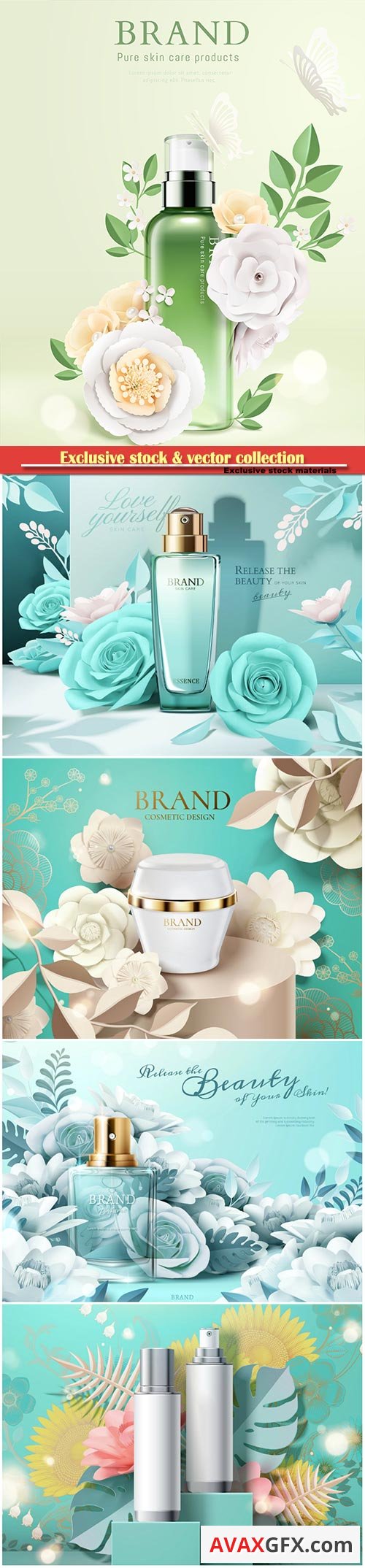 Cosmetic set ads with paper flowers in 3d illustration # 3