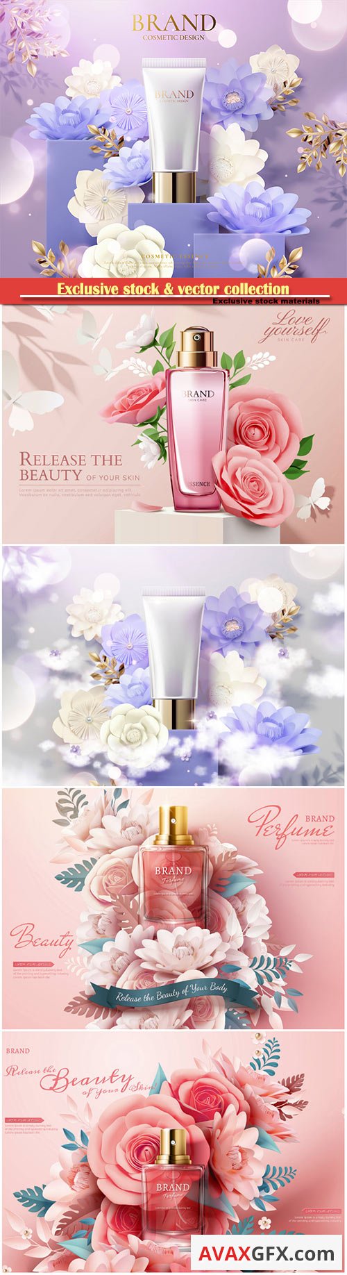 Cosmetic set ads with paper flowers in 3d illustration # 4