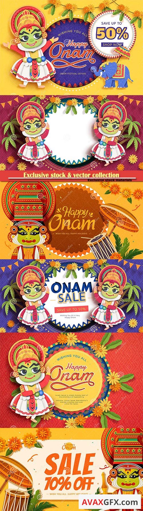 Happy Onam festival sale design with cute Kathakali dancer