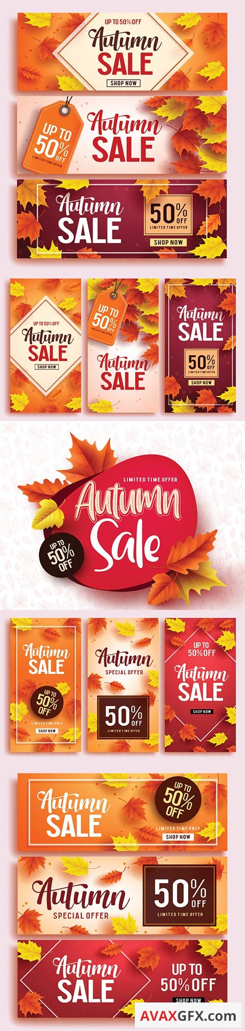Autumn sale vector banner set template with colorful maple leaves background