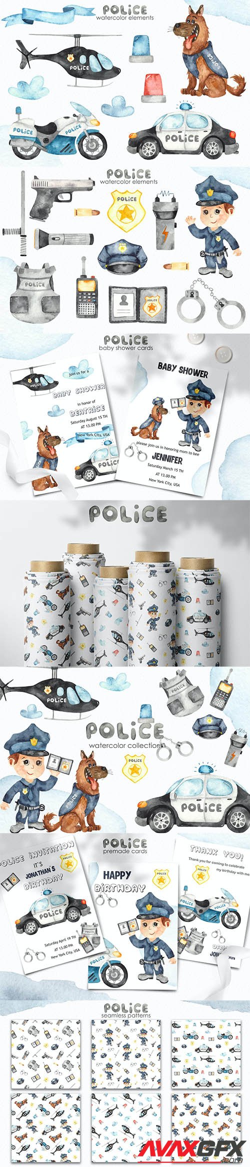 Watercolor Police. Clipart, cards, patterns