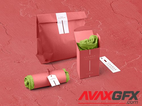 2 Folded T-Shirts with Paper Bag in Rose Red Colors Mockup 319878283