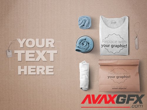3 Rolled T-Shirts and 1 Folded T-Shirt with Paper Bag Mockup 319878078