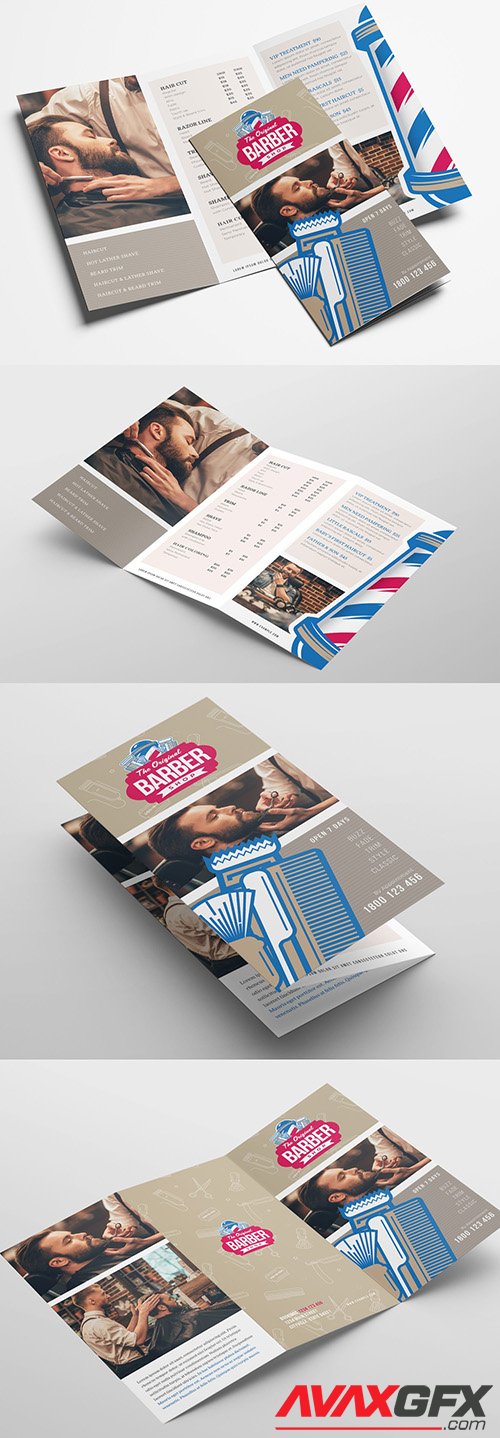 Trifold Brochure Layout with Barber Shop Themed Illustrations 319811791