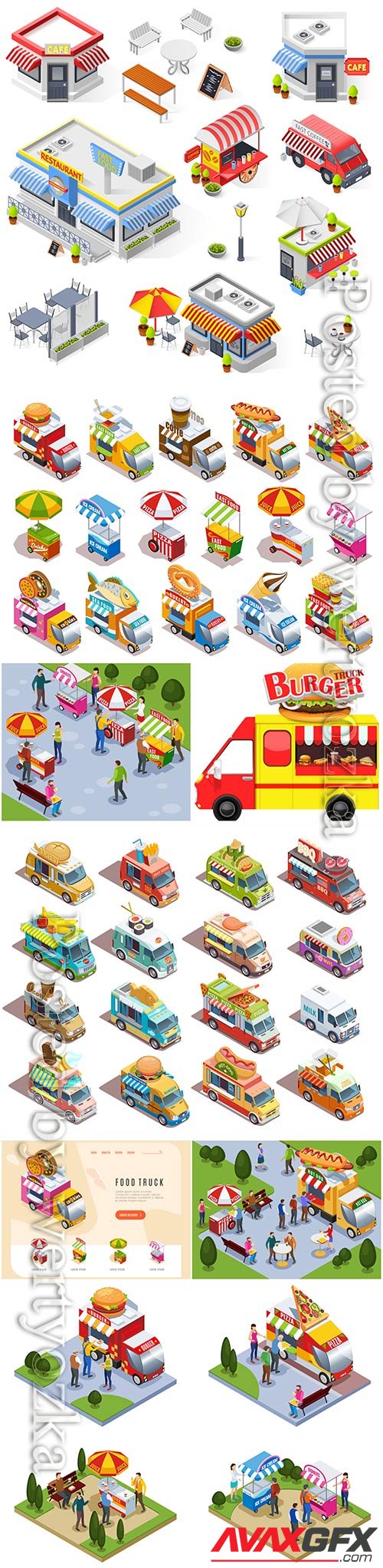 Food trucks and street carts vending fast food drinks and ice cream isometric icons set
