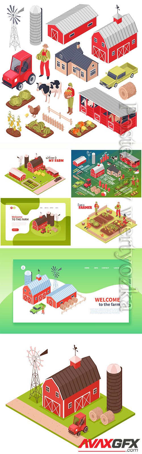 Isometric farm and farmers vector illustration