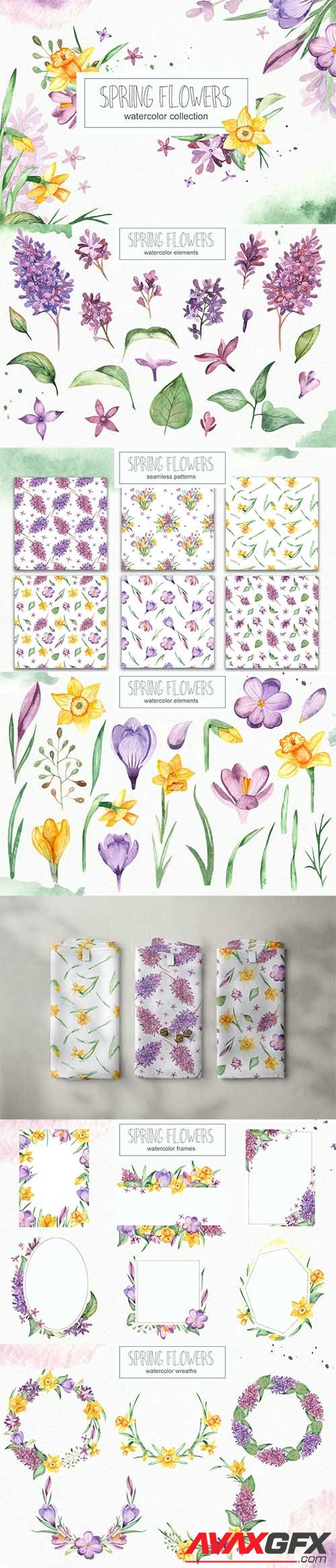 Watercolor spring flowers collection