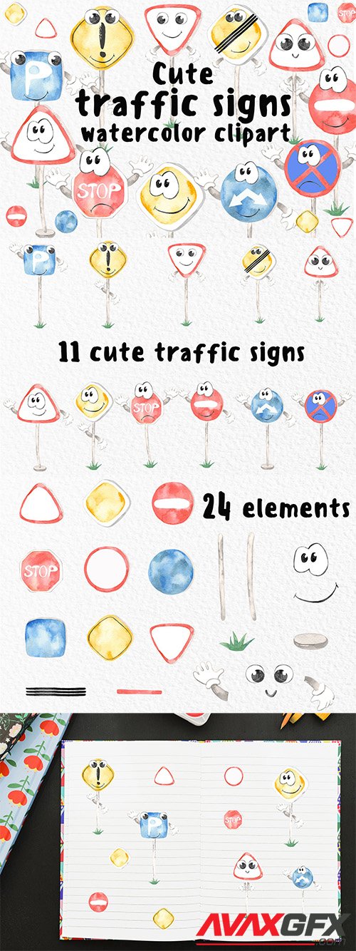Watercolor Cute traffic signs Clipart