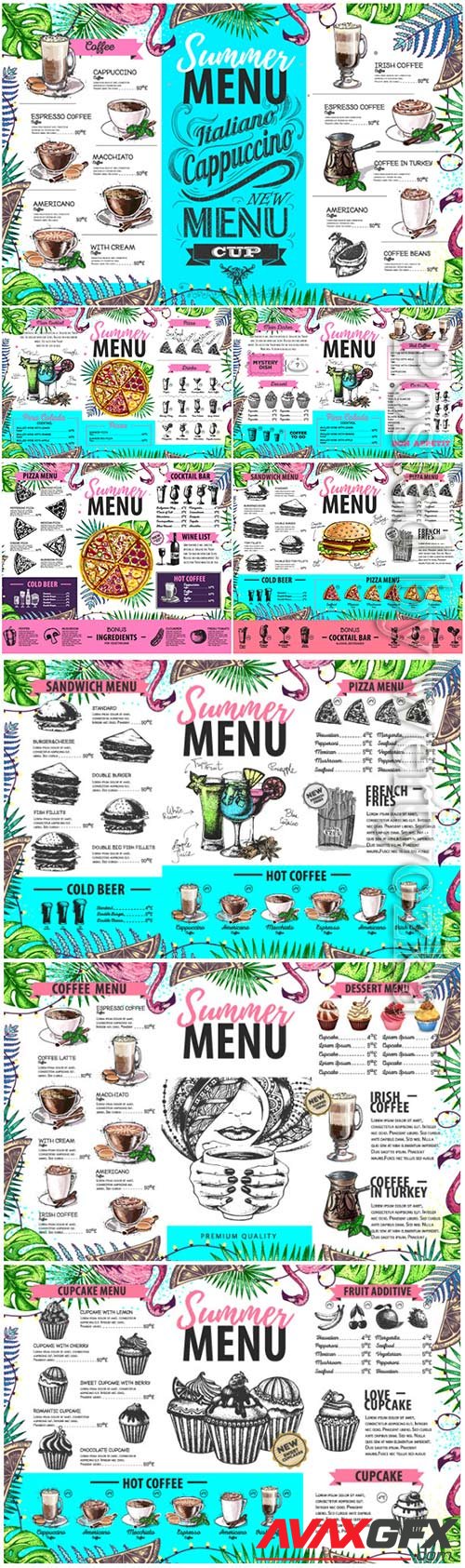 Hand drawing summer menu design with flamingo and tropic leaves