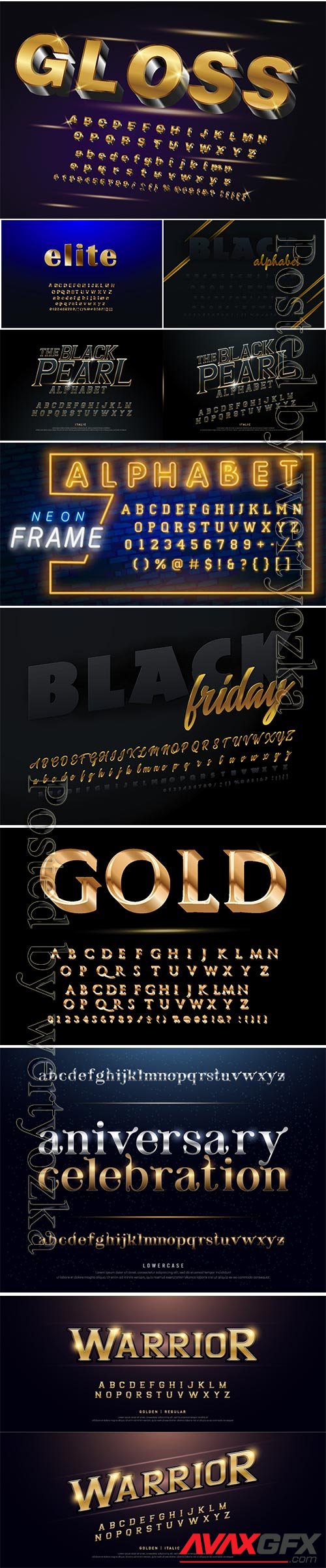 Golden glossy vector font or gold alphabet