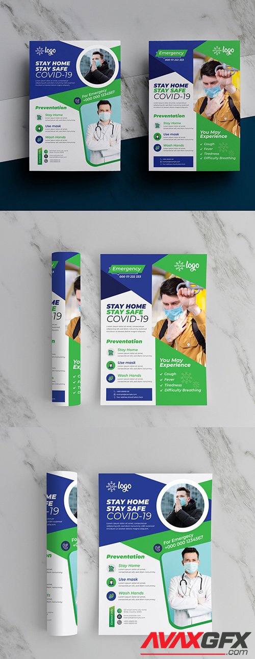 Coronavirus Awareness Flyer Layout Pack with Green and Blue Accents 348952630