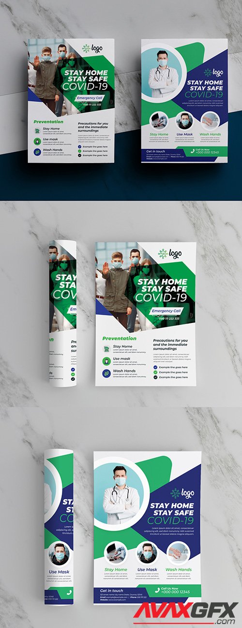 Coronavirus Awareness Flyer Layout Pack with Green and Blue Accents 348953285