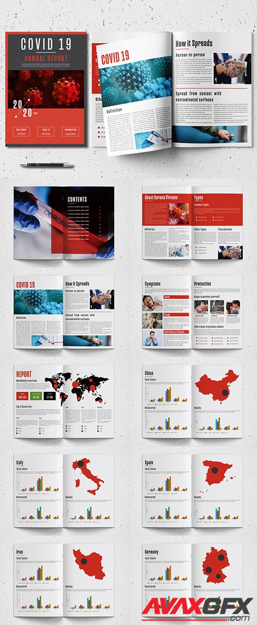 Annual Report Layout with Red Accents and Coronavirus Illustrations 332978186