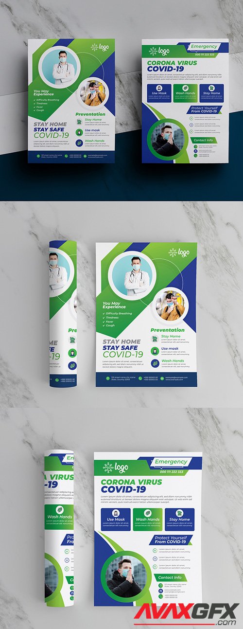 Coronavirus Awareness Flyer Layout Pack with Green and Blue Accents 348953316