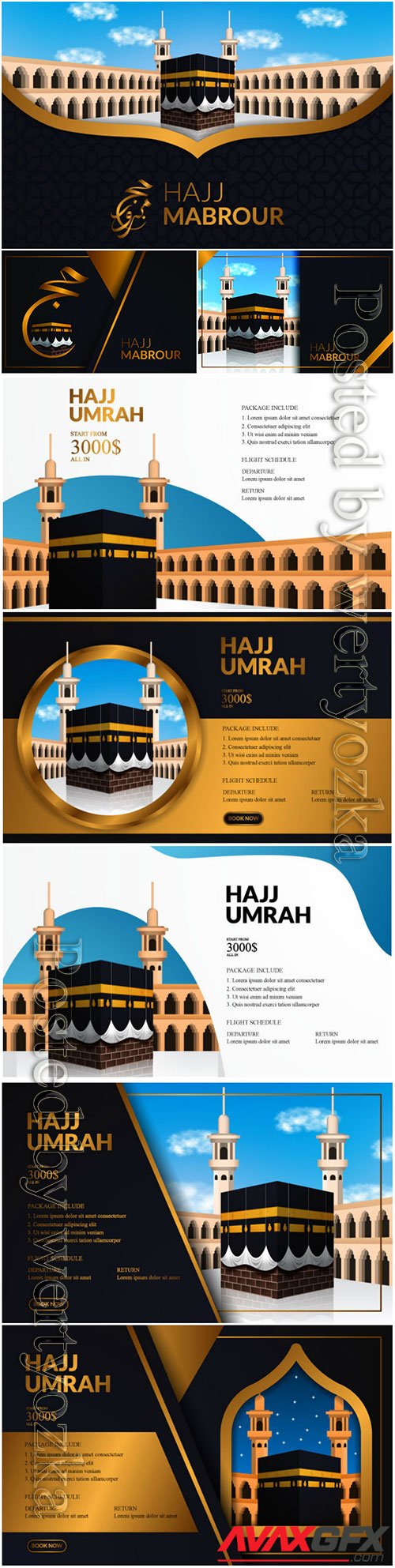 Greeting card for hajj or umrah mabrur with golden arabic calligraphy and kaaba realistic illustration, hajj pilgrimage to mecca