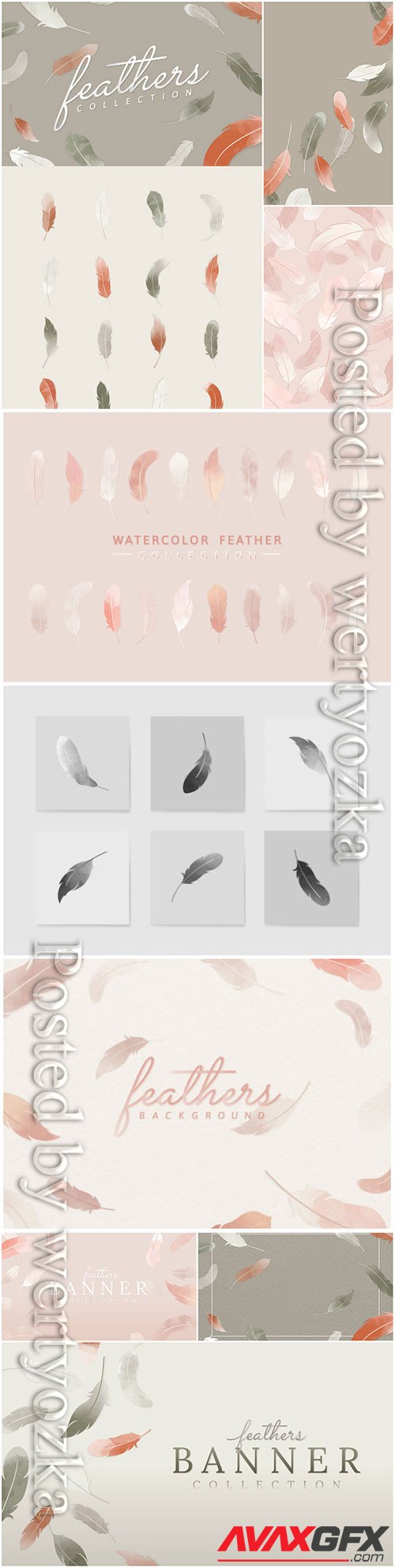 Floating feathers banner vector set