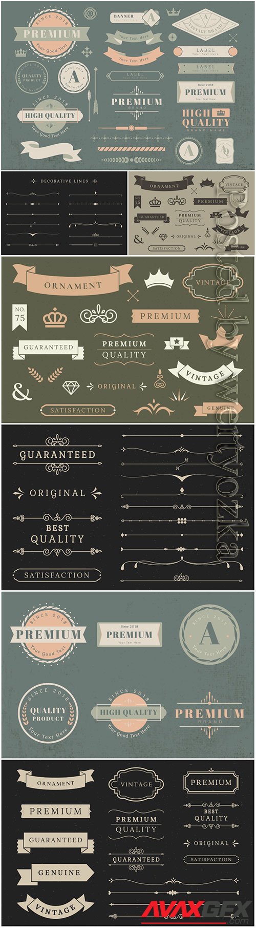 Vintage decorative elements in vector, borders, frames, corners, labels, emblems and ribbons