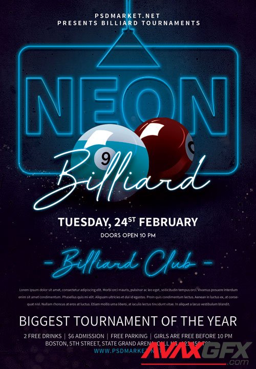 Neon billiard night - Premium flyer psd template