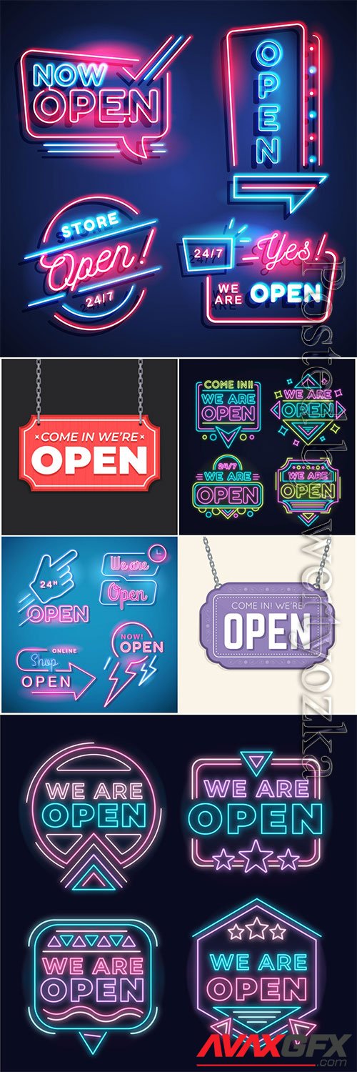 We are open neon sign vector collection