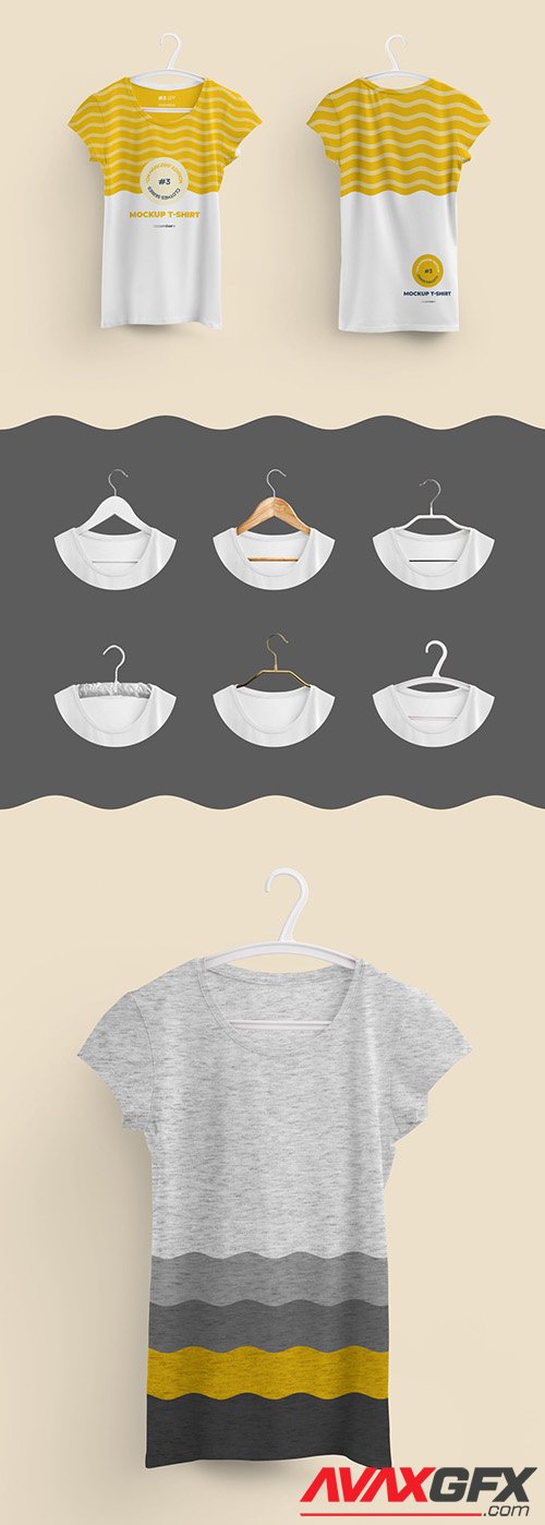 Woman T-Shirts Front and Back Mockup on 6 Different Hangers 354421960