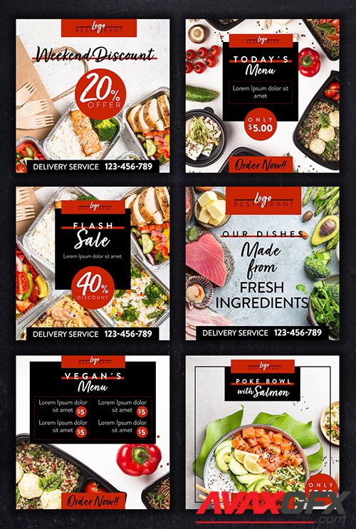 Restaurant Social Media Layout Set with Red and Back Accents 354401647