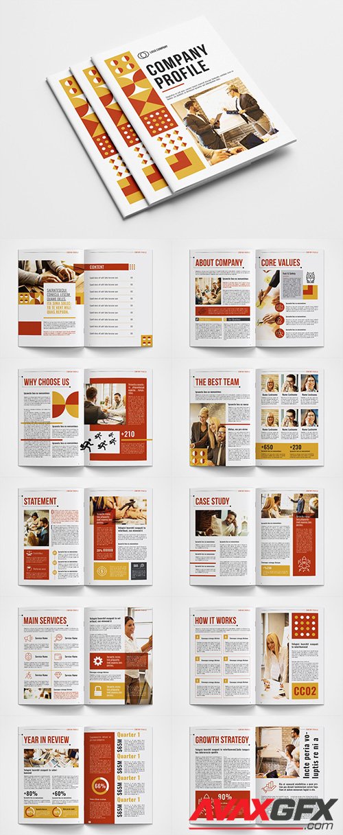 Company Profile Layout with Red and Yellow Accents 351013510