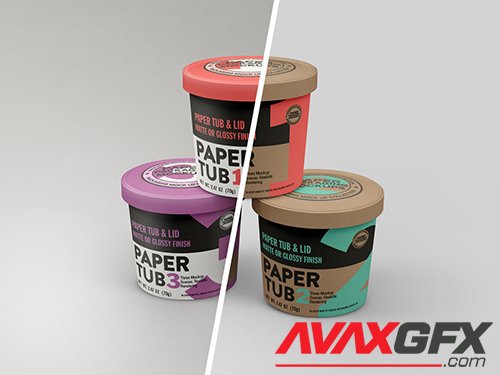 3 Glossy or Matte Paper Tubs with Lids Mockup 350642257