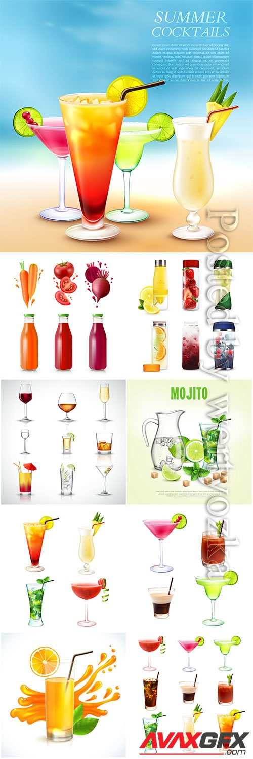 Cocktails, fresh juices and drinks vector illustration