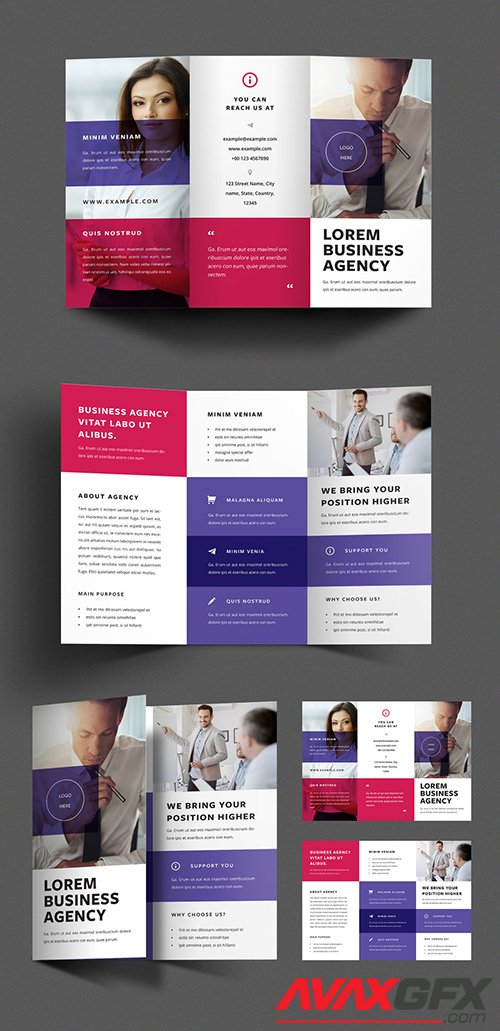 Business Trifold Brochure Layout with Red and Purple Overlays 332492666
