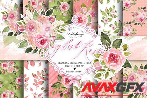 Watercolor English Roses digital paper pack