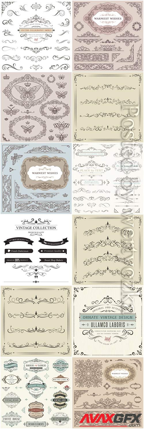 Retro frames and scrolls, ornaments, labels elements vector