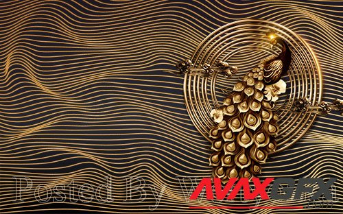 3D psd models modern black gold peacock gorgeous tv background wall