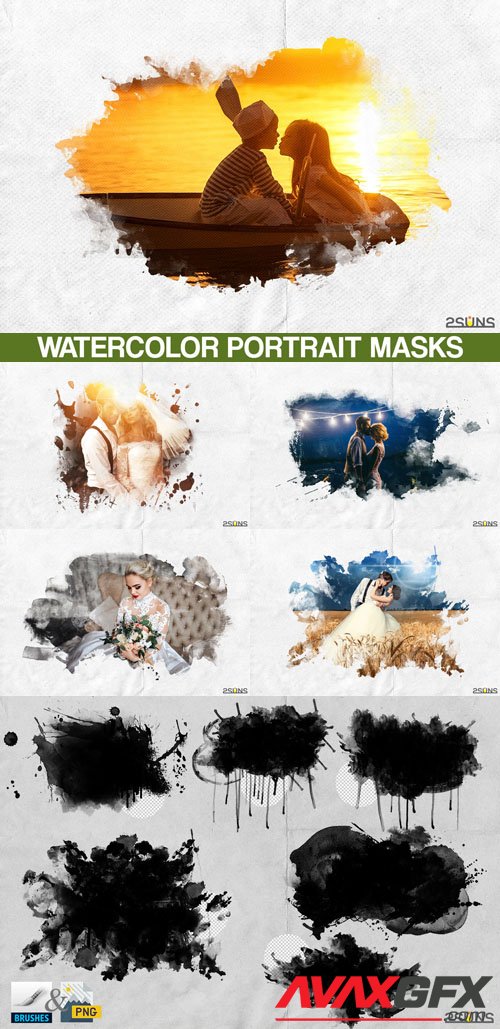 20 Watercolor Portrait Paint Masks, Photo Framse, Photoshop Overlays