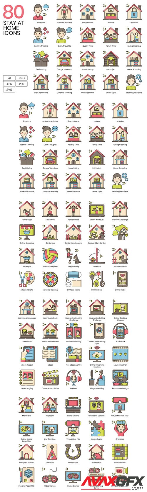 80 Stay at Home Line Icons