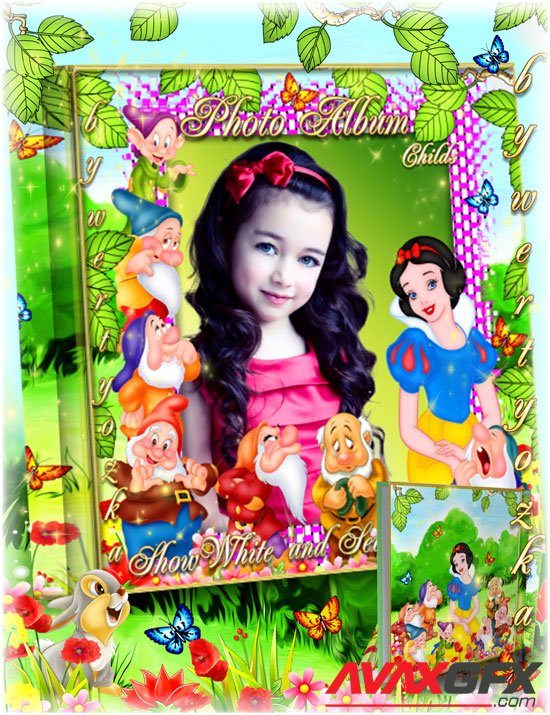 Children's photo album with fairy-tale characters Snow White and the Seven Dwarfs